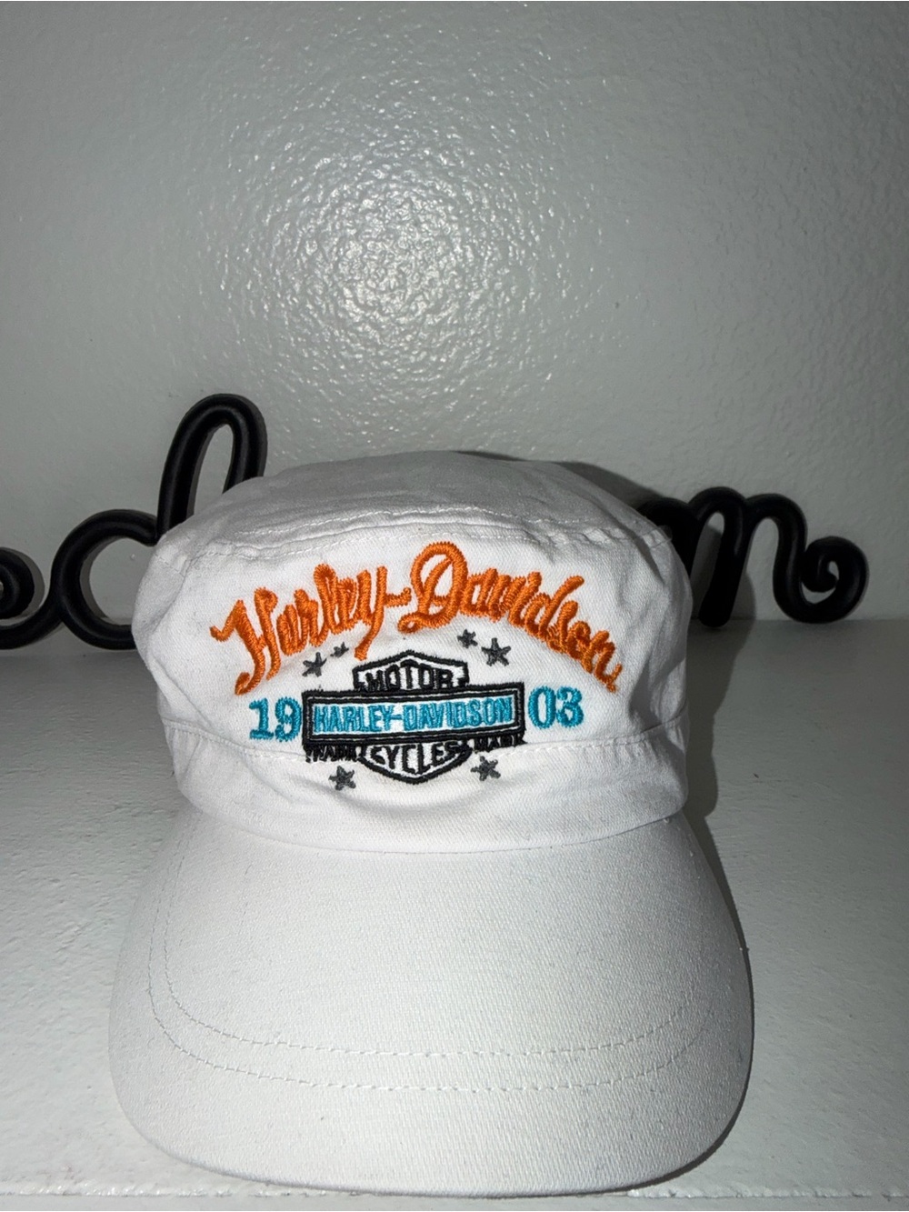NOS Harley Davidson Womens 1903 Long B&S White Cotton Flat Top Cap 97793-12VW